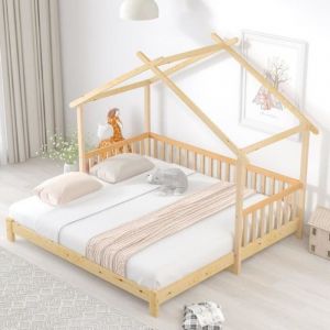 Lit cabane enfant - Extensible - Certifi&eacute; EN747 - Bois massif - naturel - 200x90cm/200x180cm