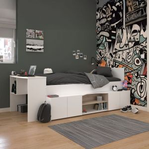Terre de Nuit Lit enfant 90x190/200 avec bureau et rangements blanc