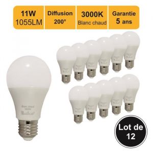 Lut&egrave;ce Lot de 12 ampoules LED E27 11W (equiv. 75W) 1055Lm 3000K - garantie 5 ans