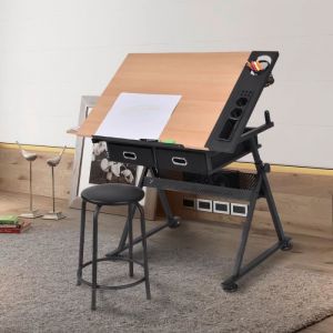COSTWAY Table à Dessin Inclinable avec Tabouret,2 Tiroirs Pour l'Art et l'Artisanat Hauteur Réglable Multifonctionnel