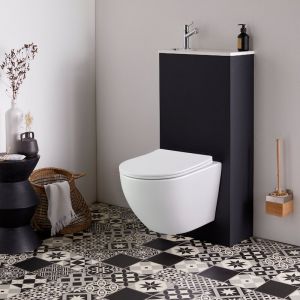 Pack WC suspendu avec lave-mains intégré + Cuvette gain de place sans bride vortex Turbi