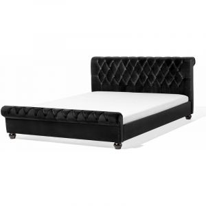 Image de Beliani Lit chesterfield en velours noir 160 x 200 cm AVALLON