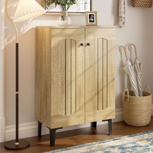 Image de Meuble &agrave; chaussures moderne 60x31,5x95 cm - 2 portes - &Eacute;tag&egrave;res &agrave; plusieurs niveaux - Panneaux de particules - Naturel