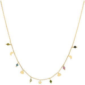 Collier Argent Doré Pampilles De Forme Lune C?ur Et Pierre Tourmaline