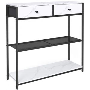 Table Console avec 2 Tiroirs en Tissu 24 x 76 x 80 cm pour Entrée Salon Blanc Marbré et Noir dEncre