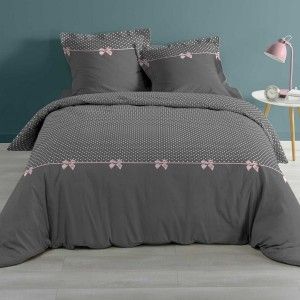Housse de couette et deux taies coton (260 cm) Craquante Gris anthracite