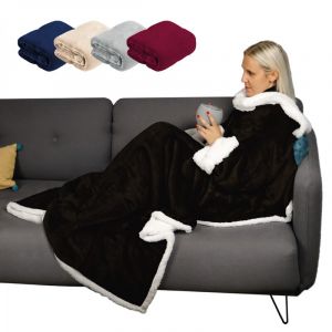 Plaid int&eacute;gral manches et poche - 140x210cm - Sherpa et flanelle - Adulte - Noir - Vivezen