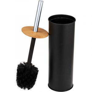 Wenko Garniture WC Tortona, brosse WC ferm&eacute;e en acier, combin&eacute;e avec du bambou, &Oslash; 9,5 x 38,5 cm, noir