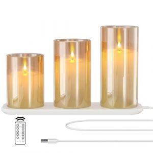 EXTSUD Lot de 3 Bougies LED en Verre Rechargeable avec Station de Charge et Télécommande, Bougies Décoratives Scintillantes Sans Flamme avec Minuterie pour Fête, Anniversaire, Mariage