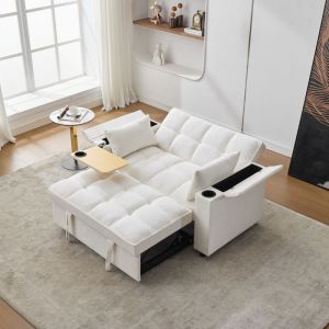 Canap&eacute; convertible, canap&eacute; relax droit, dossier r&eacute;glable en 3 positions, petite table et porte-gobelet, USB + Type-C, tissu en coton, beige