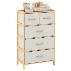 COSTWAY Commode 5 Tiroirs en Tissu, Chiffonnier Meuble de Rangement en Bambou, Dessus en Bois, &Eacute;tag&egrave;re Sup&eacute;rieure, Commode Haute pour Chambre