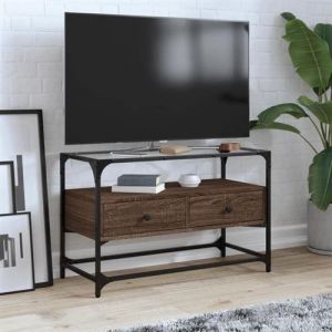 VidaXL Meuble TV avec dessus en verre ch&ecirc;ne marron bois d'ing&eacute;nierie, support TV, armoire m&eacute;dia, armoire hifi, unit&eacute; TV, meuble multim&eacute;dia