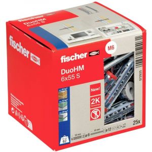 Fischer Lot de 25 chevilles DuoHM 6 x 55 S TX, chevilles à plaque avec vis à tête panhée métrique et entraînement TX pour fixer des supports TV, des luminaires, des étagères murales, etc. dans les