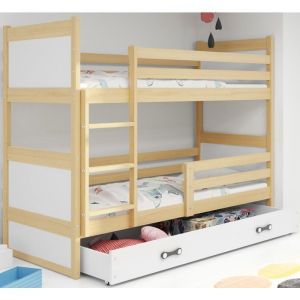 Image de Lit superposé Rico 90x200 Bois Massif, Pin, Barrière, Sommier, Tiroir, Séparable en 2 lit (Pin+blanc)