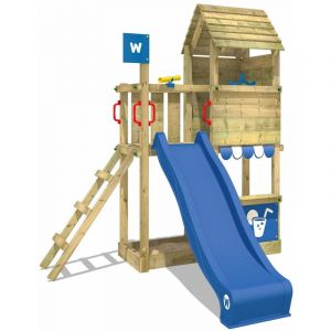 Image de Wickey Aire de jeux Portique bois Smart Sparrow avec toboggan bleu Maison enfant exterieur avec bac à sable, échelle d'escalade