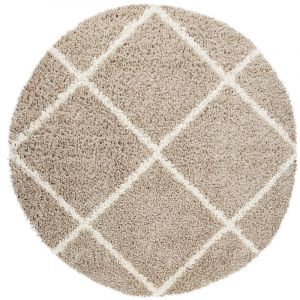 Paco Home - Tapis Shaggy Tapis Rond Salon Moderne Tapis Poils Longs Scandinave Motif Diamant Beige, 80 cm rond