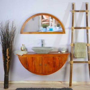 Saniteck - Ensemble meuble de salle de bain suspendu en teck 120 cm avec miroir et vasque grise