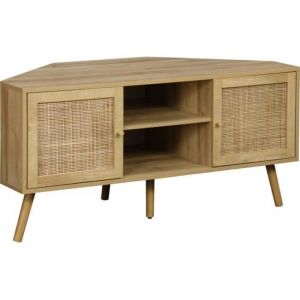 Sweeek - Meuble tv d'angle en décor bois et cannage. 2 portes. 1 étagère. 115cm - Naturel