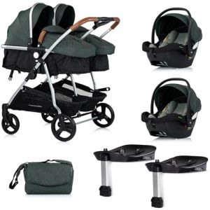 DUO SMART Poussette jumeaux ou enfants rapproch&eacute;s largeur 79 cm Vert + 2 cosy i-Size vert avec base Isofix