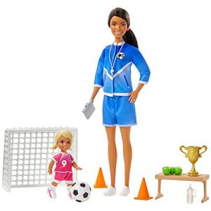 Mattel Métiers coffret poupée Coach de Football brune avec figurine d'enfant et accessoires, jouet pour enfant, GJM71