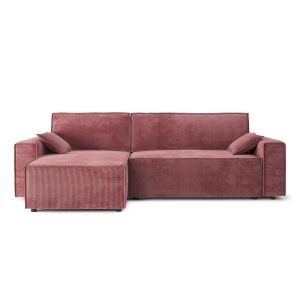Canap&eacute; d'angle convertible en velours c&ocirc;tel&eacute; 4 places vieux rose