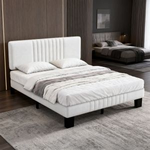 Cadre de Lit Double, 140 x 190 cm, avec T&ecirc;te de Lit Rembourr&eacute;e, en Acier, Supporte Jusqu'&agrave; 350 kg, Montage Facile, beige couleur