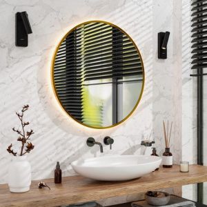 Image de Mirlux Miroir de salle de bain avec éclairage LED et chauffage - Miroir mural rond - Miroir de douche anti-condensation - Cadre doré - 80CM