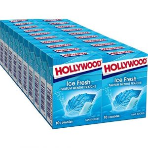 Hollywood Chewing Gum Ice Fresh - Parfum Menthe Fraîche – Sans Sucre avec édulcorants - Lot de 20 paquets de 10 dragées x 14 g