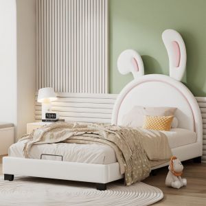Lit cabane Lit capitonné enfant 90 x 200 cm en forme d'oreille de lapin. beige