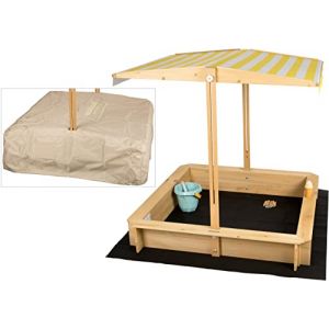 Needs&wants - Bac à sable en bois avec couvercle plastique oxford 600D pour enfants, avec toit refermable, siège, sol, carré, UV-protection,