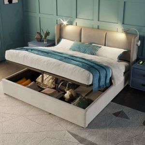 Lit 160x200 avec Sommier led et usb, Lit Coffre 160x200 avec 2 Lampes de Lecture et Tete de Lit, lit adulte avec à Lattes, Lit 2 Personnes Lit