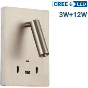 Barcelona led Applique murale &laquo; CLAUDI &raquo; avec USB et USB-C, LED frontale 3 W + lumi&egrave;re indirecte 12 W, design moderne et finition m&eacute;tallique, id&eacute;ale pour t&ecirc;tes de lit, zones de lecture et coins
