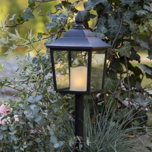 Best Season Star Trading Lanterne Flame Lantern, lumière funéraire, métal, noir, led, minuterie, blanc chaud, extérieur, 52 cm