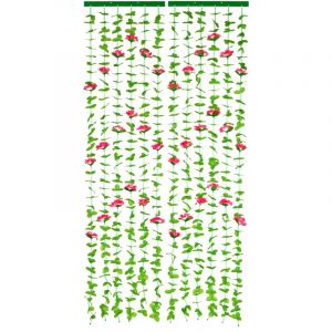 Wenko Rideau de porte motif Feuilles et Roses Rideau anti insectes, Fabriqué à la main, Fixations autoadhésives, Polyester,90x190 cm, Vert et rose