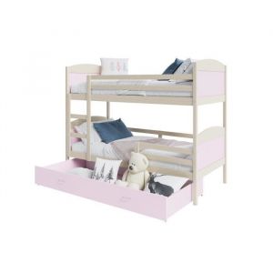 LIT SUPERPOSE MATEO 90x190 PIN NATUREL+ ROSE Livré avec tiroir, 2 sommiers et 2 matelas en mousse de 7cm OFFERTS