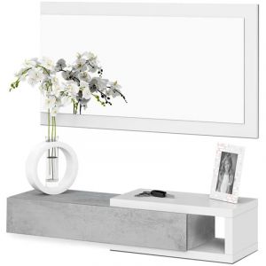 Pegane Meuble d'Entrée réversible avec Miroir et 1 Tiroir coloris blanc artic / ciment - 19 x 95 x 26 cm -