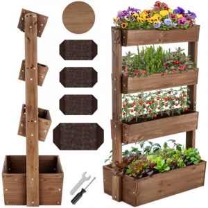 TecTake Vertical Garden Flora - Avec 4 jardinières pour fleurs, herbes ou légumes - Marron - 85 x 45 x 140 cm - Jardinière pour potager - Bacs à fleurs basculants en pin laqué - Tissu molletonné/toile de protection des racines inclus - Résistant aux inte