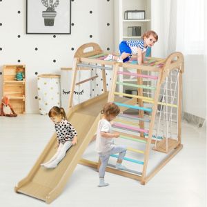 COSTWAY 8 en 1 Aire de Jeux d'escalade Int&eacute;rieure en Bois avec Toboggan & Balan&ccedil;oire, Triangle d'escalade Montessori Enfant avec Filet & &Eacute;chelle &
