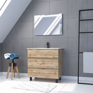 Aurlane Meuble salle de bain 80x60 - Finition chene naturel + vasque blanche + miroir Led - TIMBER 80 - Pack46