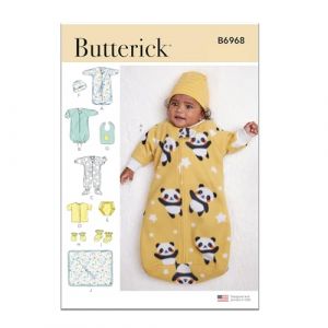 Butterick Kit de patron de couture pour b&eacute;b&eacute;, combinaison, chemise, couverture de couche, chapeau, bavoir, moufles, bottines et couverture, mod&egrave;le code B6968, tailles XXS-XS-S-M-L, multicolore