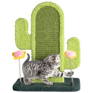 Happy & Polly Sisal Griffoir pour Chat - Planche &agrave; Gratter Double Face de 39 cm de Haut pour Chatons avec Planche de Massage en Silicone et 2 Cloches Fleuries pour Petits/Moyens Chats