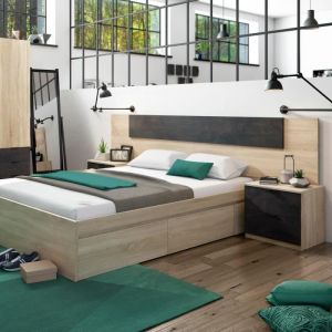 Terre de Nuit Tête de lit 180 cm avec 2 chevets amovibles et 2 tiroirs - Noir et chêne - TL81016