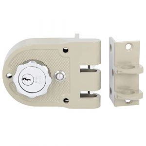 Amig - Verrouillage de Surpose Droite avec levier de Fermoir, Languette et Poignée pour Portes en Bois Mod. 1396 | 60 mm | Loquet avec Cylindre Intérieur et Extérieur | Acier Beige
