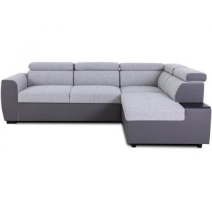Canap&eacute; d'angle convertible r&eacute;versible - 4 / 5 places - KELIO - Tissu bi-matiere PU Silex / Gris - 3 t&eacute;tieres - 245 x 184 x 77