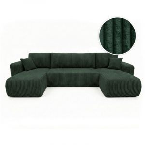 Loungitude Canap&eacute; panoramique convertible 6p ALYA velours cotel&eacute; &eacute;pais Vert fonc&eacute;