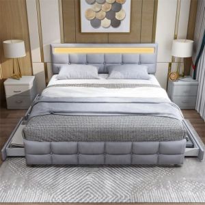 Lit avec 4 tiroirs capitonné 180 x 200 cm - lit LED avec sommier à lattes et dossier et tête de lit en velours doux pour adultes et adolescents - gris
