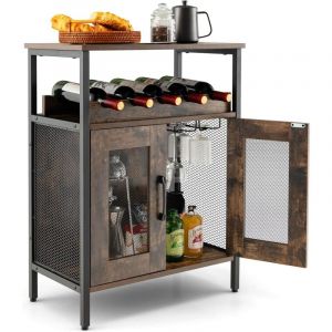 GOPLUS Meuble Bar à Vin, Table Autoportante Industriel avec Porte-Verres, Casier à Vin Amovible, Porte en Métal Grillagé,