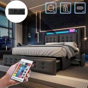 Image de Oem Lit Double Capitonn&eacute; 180 x 200cm - T&ecirc;te de LED RGB et 2 UE/USB/Type-C - Lit Coffre avec 4 Grands Tiroirs - 2/3 Personnes - Lin Gri