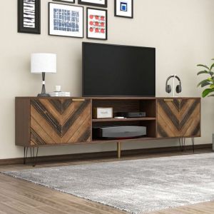 Meuble TV bois massif, avec 2 portes, 2 compartiments, panneau bas, meuble de salon, 157 x 38 x 48 cm