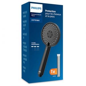 Philips Pommeau de douche filtrant, Protection pour les cheveux et la peau, élimine efficacement le chlore et les autres grosses particules, capacité de filtrage d’un mois, Noir